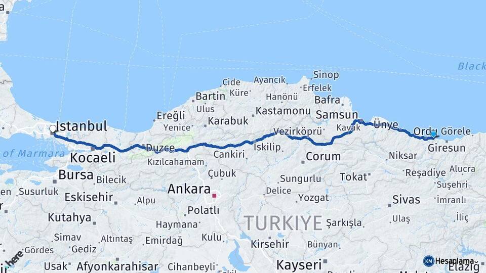 Ordu Gülyalı İstanbul Arası Kaç Km - Yol Haritası