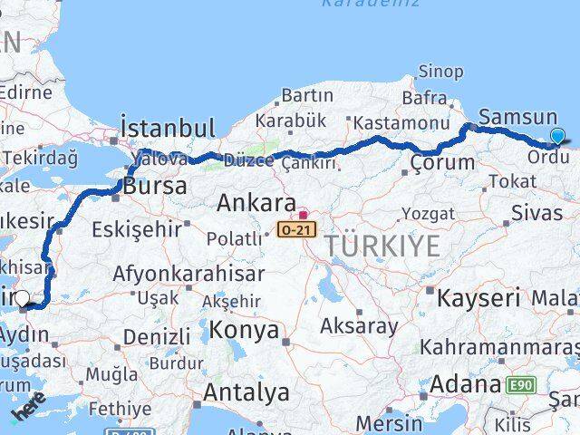 Ordu Gülyalı İzmir Arası Kaç Km - Yol Haritası