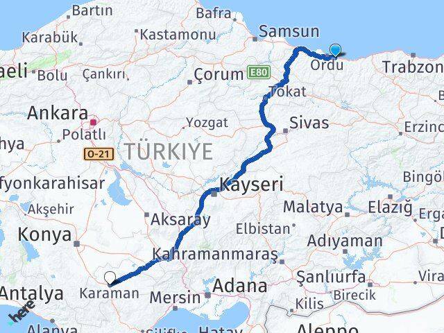 Ordu Gülyalı Karaman Arası Kaç Km - Yol Haritası