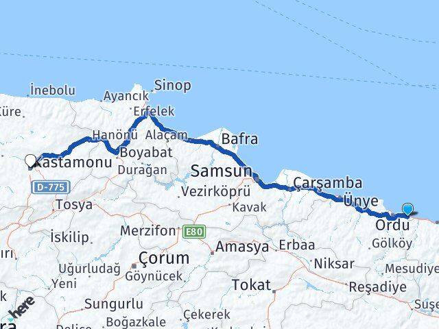 Ordu Gülyalı Kastamonu Arası Kaç Km - Yol Haritası