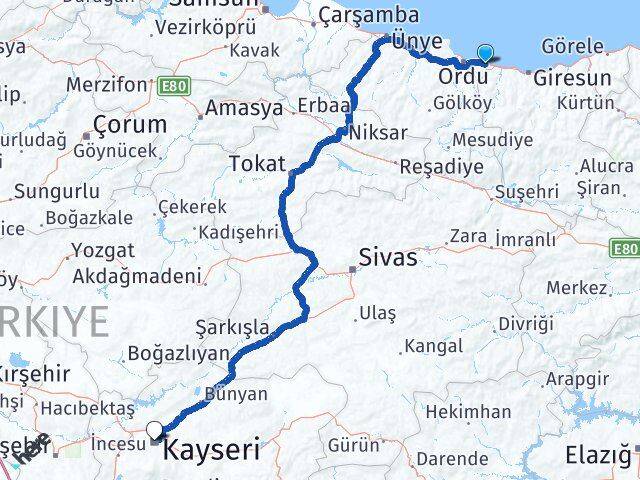 Ordu Gülyalı Kayseri Arası Kaç Km - Yol Haritası