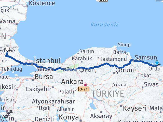 Ordu Gülyalı Kırklareli Arası Kaç Km - Yol Haritası