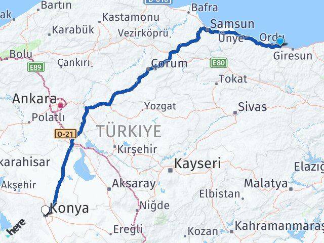 Ordu Gülyalı Konya Arası Kaç Km - Yol Haritası