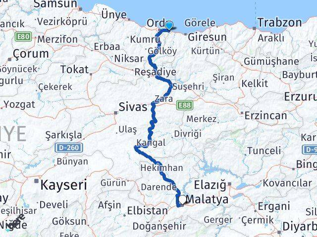 Ordu Gülyalı Malatya Arası Kaç Km - Yol Haritası