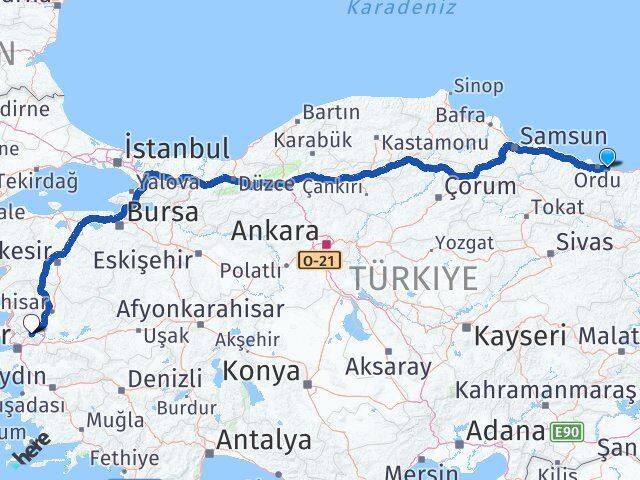 Ordu Gülyalı Manisa Arası Kaç Km - Yol Haritası
