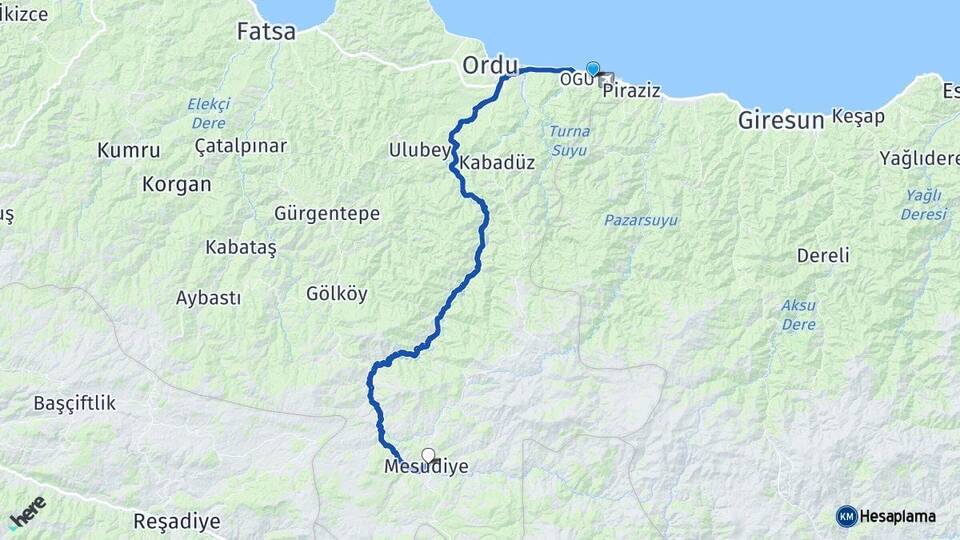 Ordu Gülyalı Mesudiye Arası Kaç Km - Yol Haritası