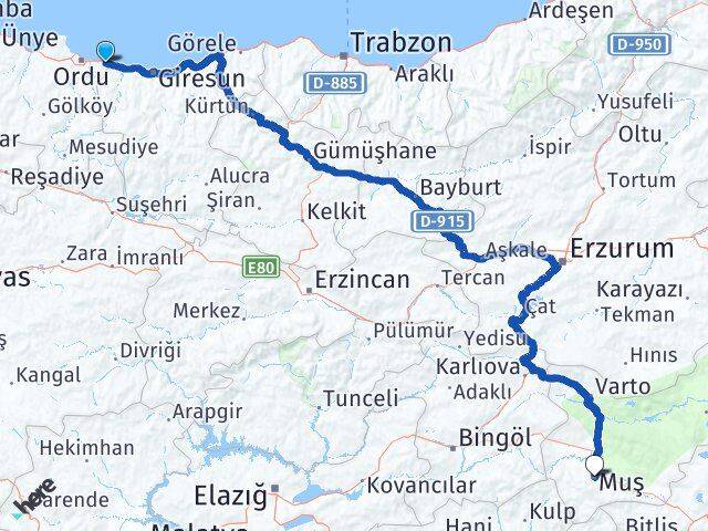 Ordu Gülyalı Muş Arası Kaç Km - Yol Haritası