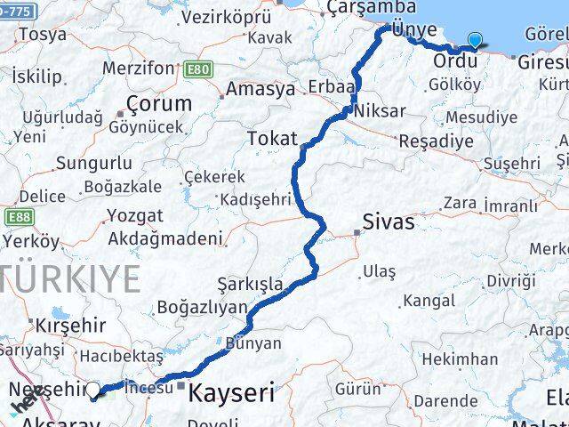 Ordu Gülyalı Nevşehir Arası Kaç Km - Yol Haritası