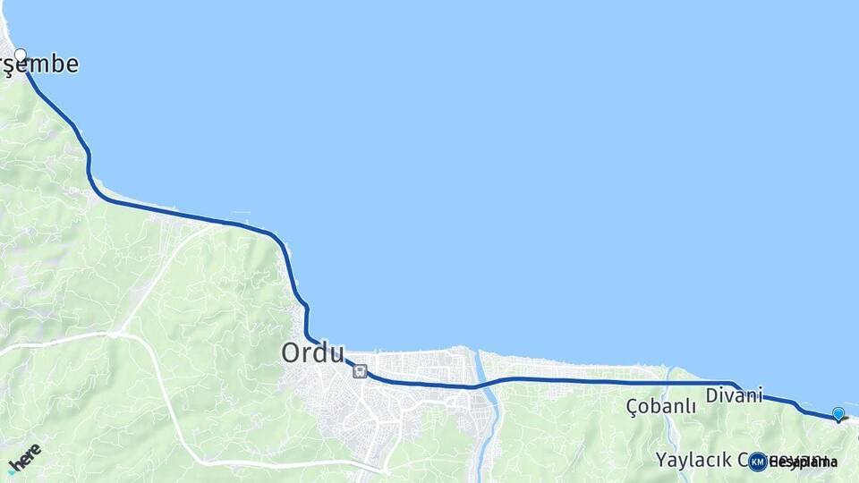 Ordu Gülyalı Perşembe Arası Kaç Km - Yol Haritası