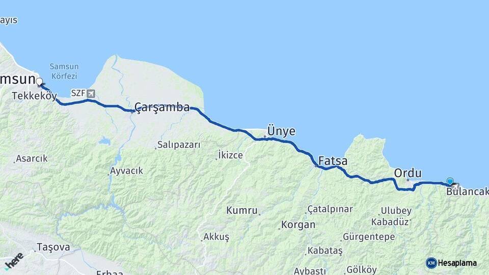Ordu Gülyalı Samsun Arası Kaç Km - Yol Haritası