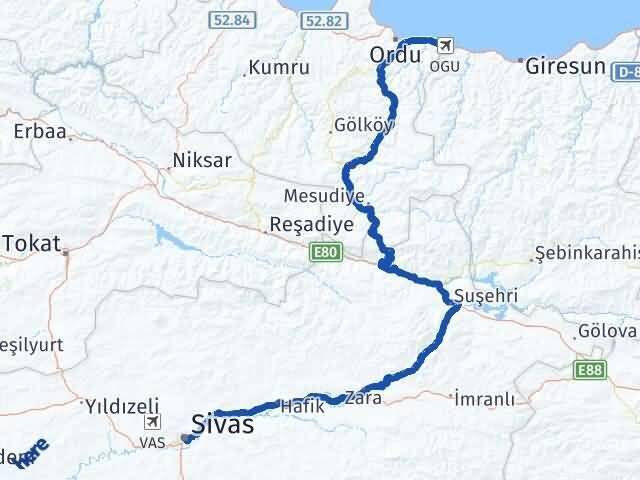 Ordu Gülyalı Sivas Arası Kaç Km - Yol Haritası