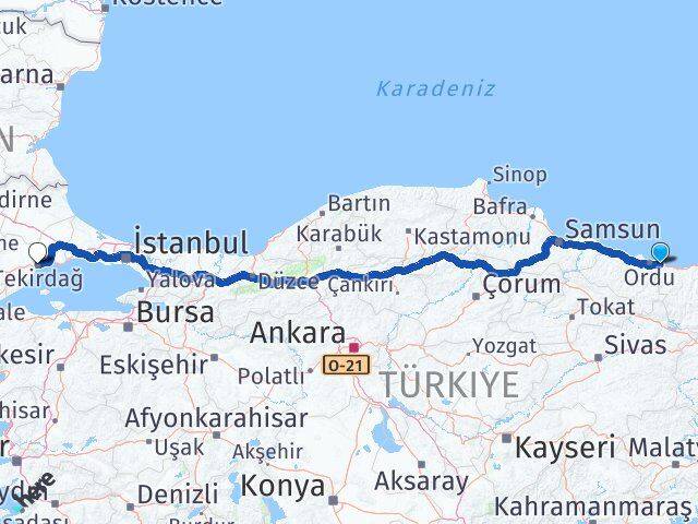 Ordu Gülyalı Tekirdağ Arası Kaç Km - Yol Haritası