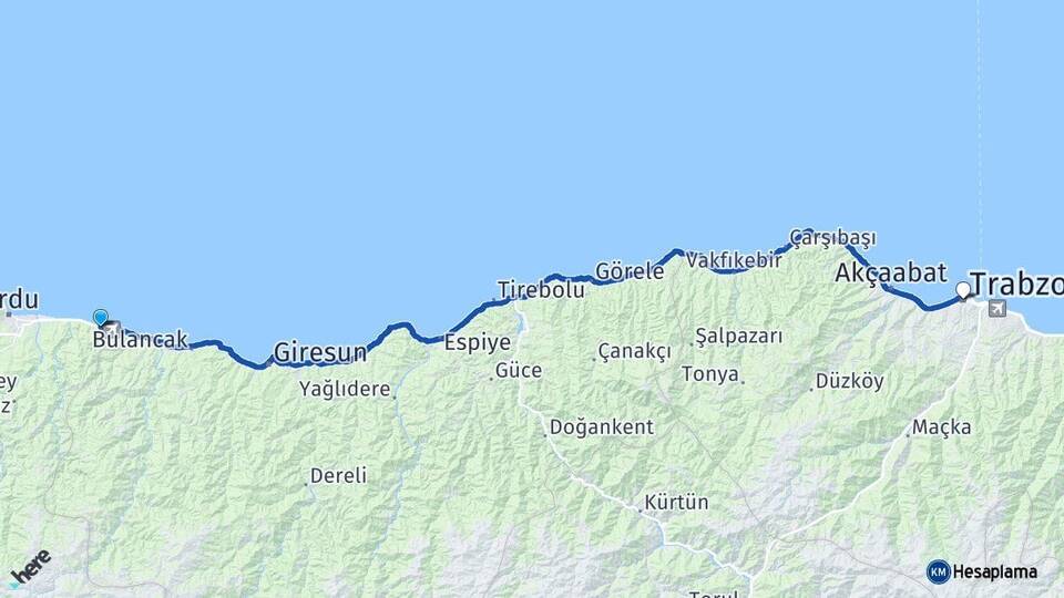 Ordu Gülyalı Trabzon Arası Kaç Km - Yol Haritası