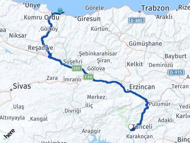 Ordu Gülyalı Tunceli Arası Kaç Km - Yol Haritası