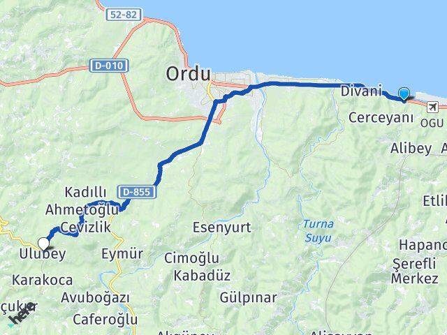 Ordu Gülyalı Ulubey Arası Kaç Km - Yol Haritası