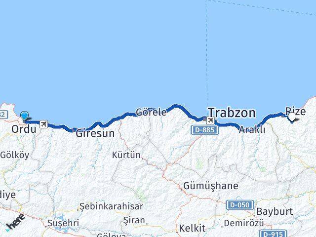 Ordu Güneysu Rize Arası Kaç Km - Yol Haritası