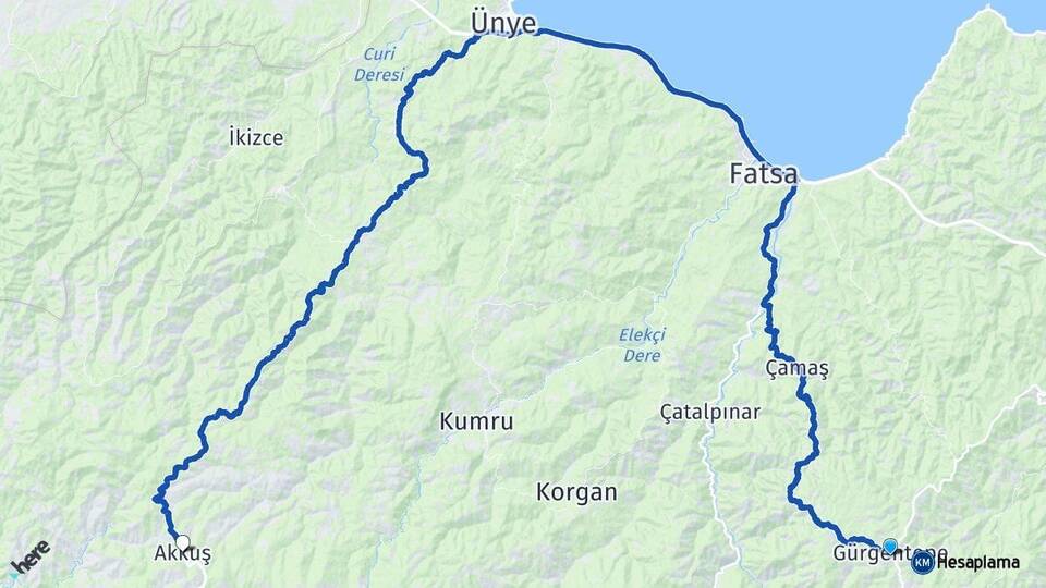 Ordu Gürgentepe Akkuş Arası Kaç Km - Yol Haritası