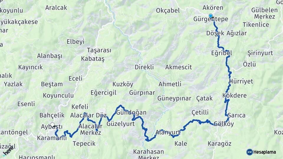 Ordu Gürgentepe Aybastı Arası Kaç Km - Yol Haritası