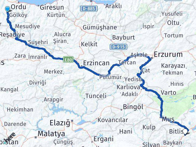 Ordu Gürgentepe Bitlis Arası Kaç Km - Yol Haritası