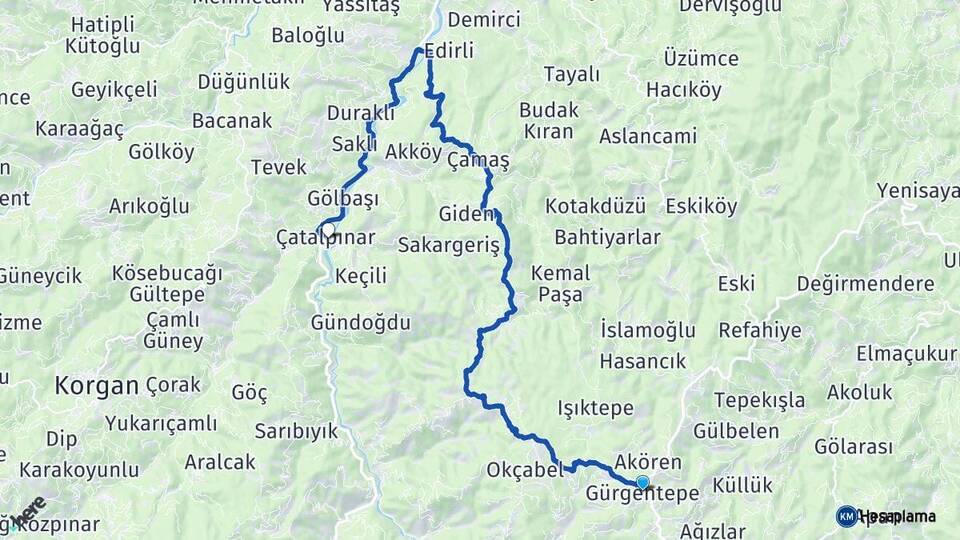 Ordu Gürgentepe Çatalpınar Arası Kaç Km - Yol Haritası