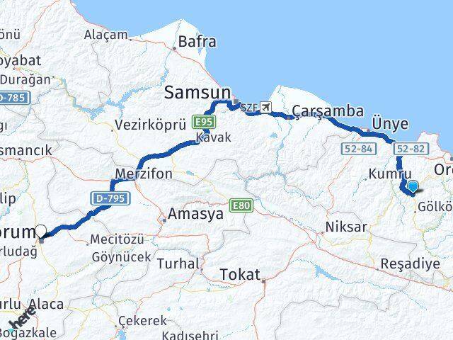 Ordu Gürgentepe Çorum Arası Kaç Km - Yol Haritası