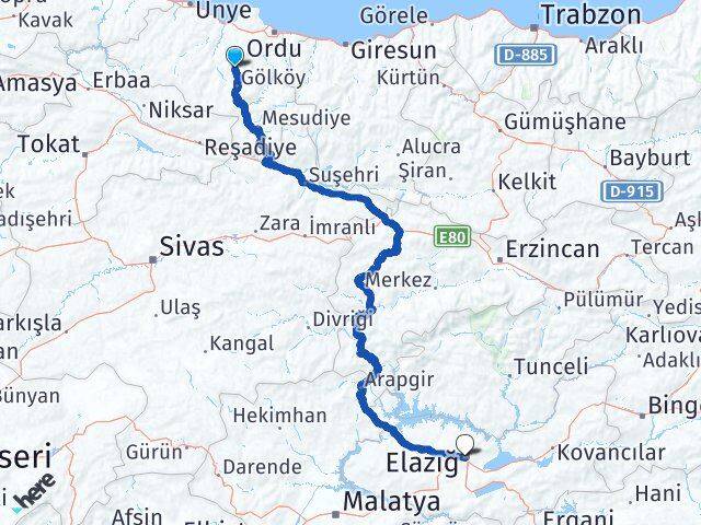 Ordu Gürgentepe Elazığ Arası Kaç Km - Yol Haritası