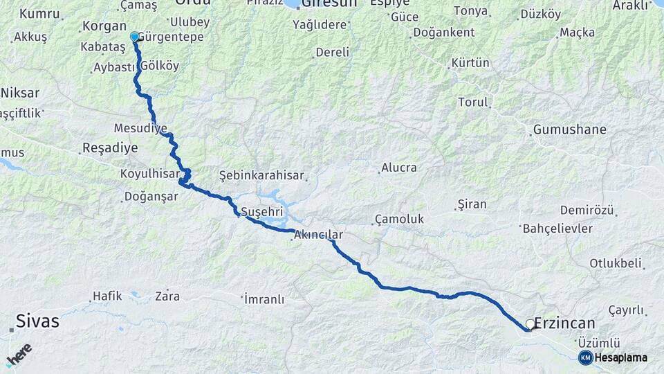 Ordu Gürgentepe Erzincan Arası Kaç Km - Yol Haritası