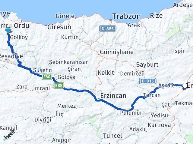 Ordu Gürgentepe Erzurum Arası Kaç Km - Yol Haritası