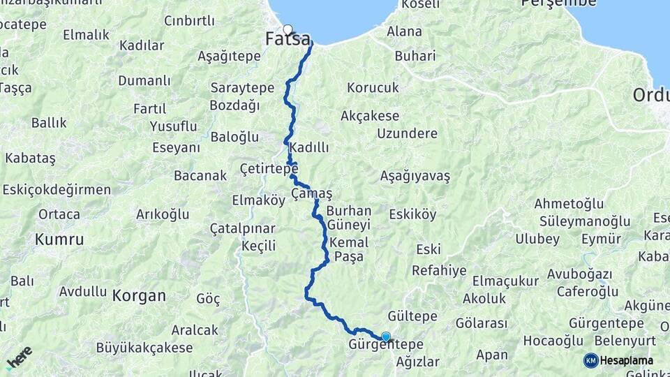 Ordu Gürgentepe Fatsa Arası Kaç Km - Yol Haritası
