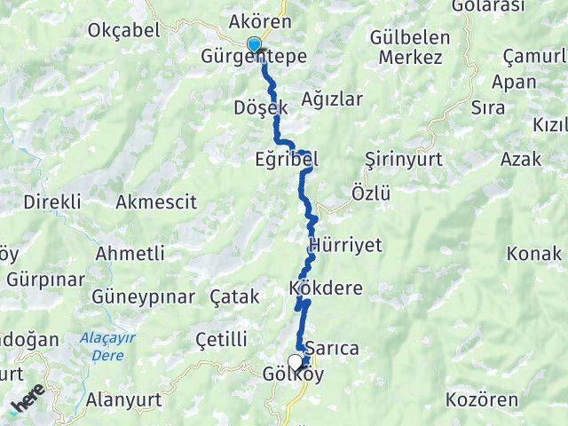 Ordu Gürgentepe Gölköy Arası Kaç Km - Yol Haritası