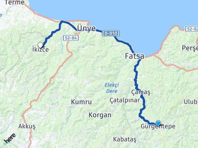 Ordu Gürgentepe İkizce Arası Kaç Km - Yol Haritası