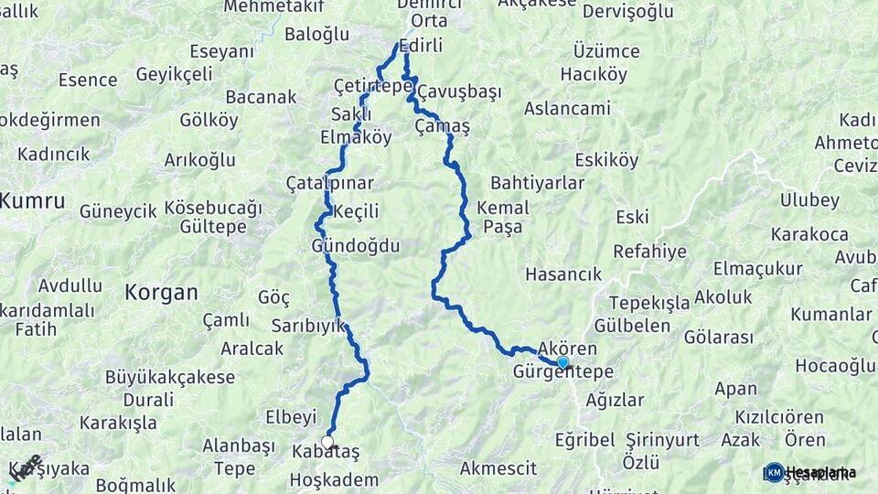 Ordu Gürgentepe Kabataş Arası Kaç Km - Yol Haritası