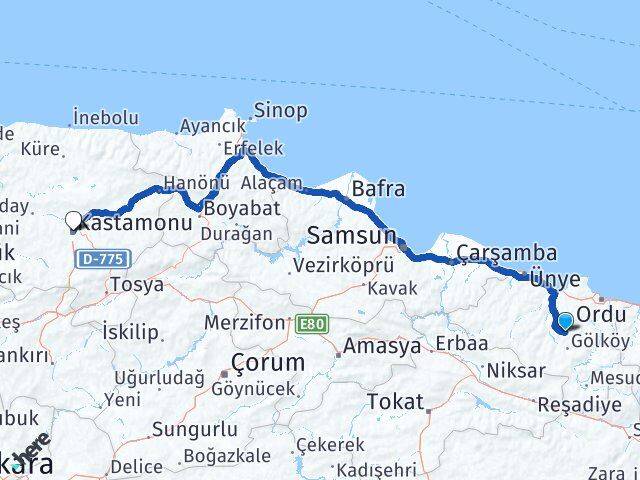 Ordu Gürgentepe Kastamonu Arası Kaç Km - Yol Haritası