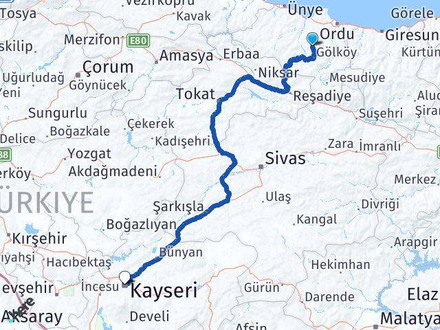 Ordu Gürgentepe Kayseri Arası Kaç Km - Yol Haritası