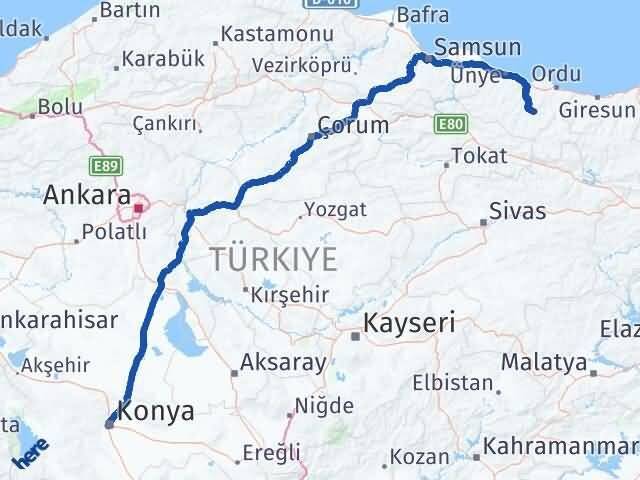 Ordu Gürgentepe Konya Arası Kaç Km - Yol Haritası