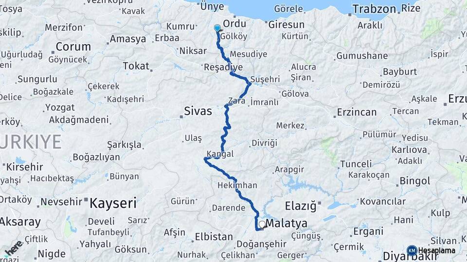 Ordu Gürgentepe Malatya Arası Kaç Km - Yol Haritası
