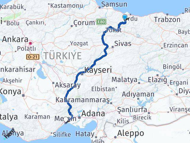 Ordu Gürgentepe Mersin Arası Kaç Km - Yol Haritası