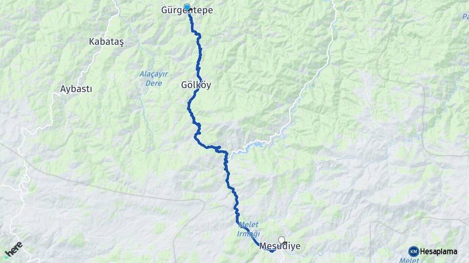 Ordu Gürgentepe Mesudiye Arası Kaç Km - Yol Haritası