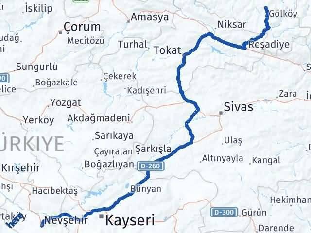 Ordu Gürgentepe Nevşehir Arası Kaç Km - Yol Haritası