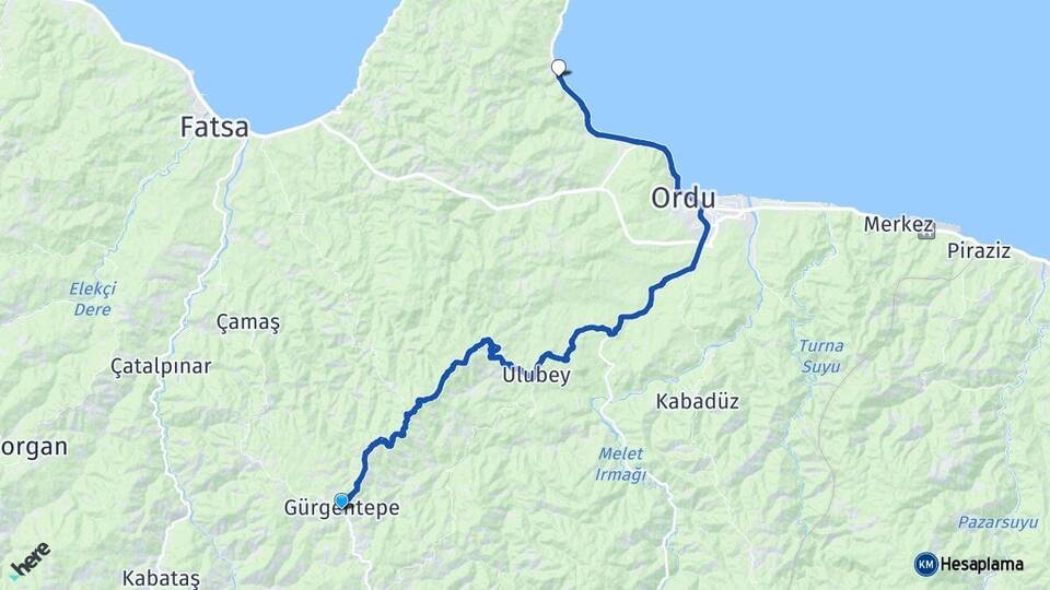 Ordu Gürgentepe Perşembe Arası Kaç Km - Yol Haritası