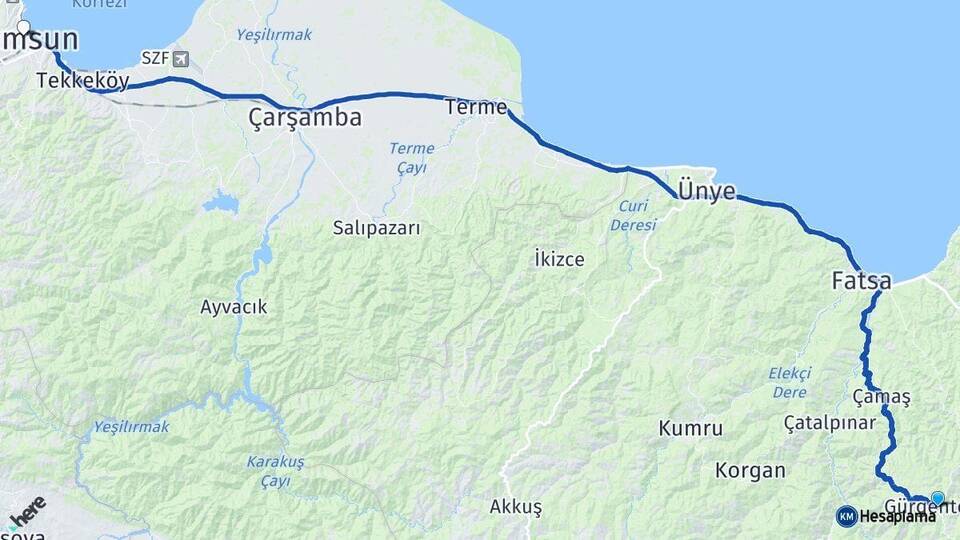 Ordu Gürgentepe Samsun Arası Kaç Km - Yol Haritası