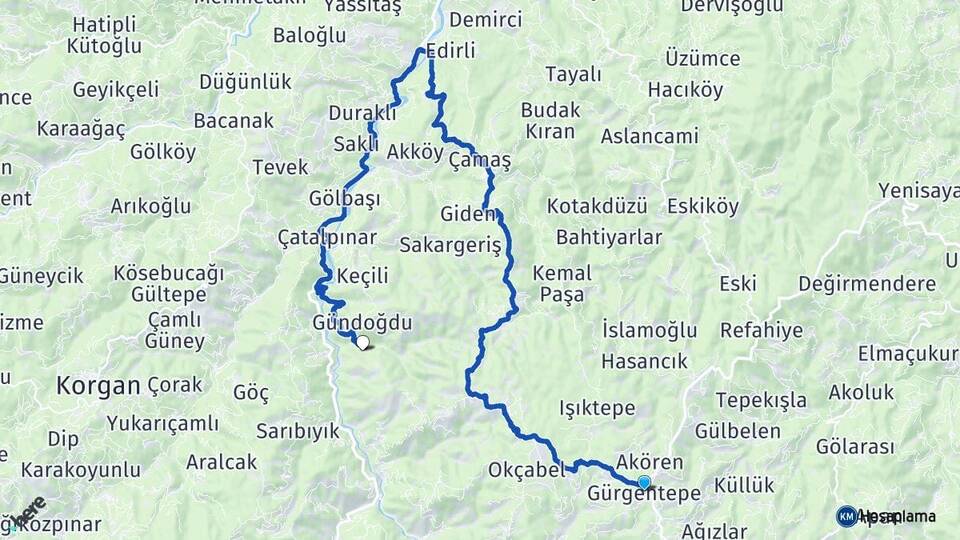 Ordu Gürgentepe Tepeköy Gürgentepe Arası Kaç Km - Yol Haritası