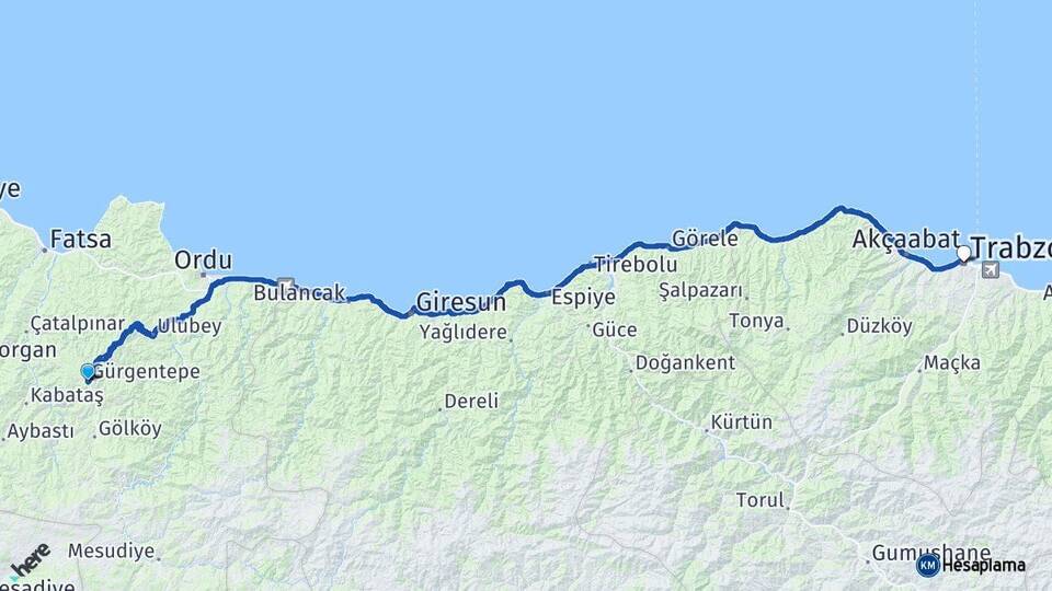 Ordu Gürgentepe Trabzon Arası Kaç Km - Yol Haritası