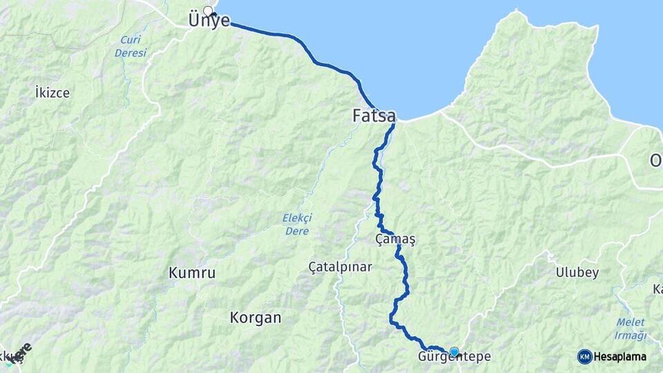 Ordu Gürgentepe Ünye Arası Kaç Km - Yol Haritası