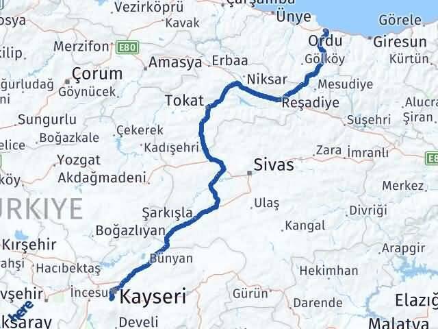 Ordu Hacılar Kayseri Arası Kaç Km - Yol Haritası