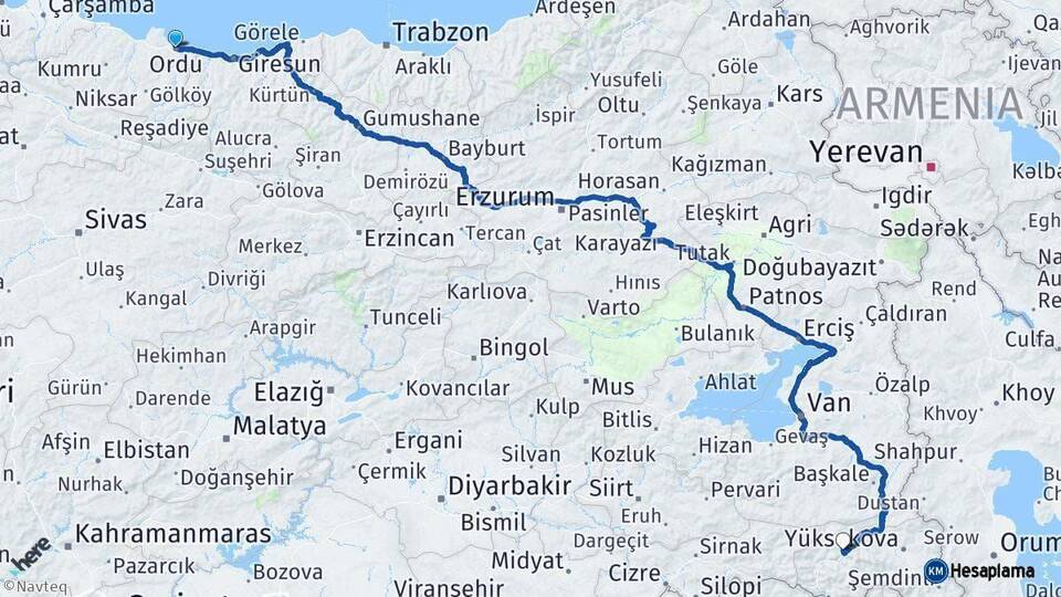 Ordu Hakkari Arası Kaç Km - Yol Haritası