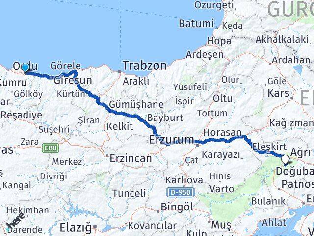 Ordu Hamur Ağrı Arası Kaç Km - Yol Haritası