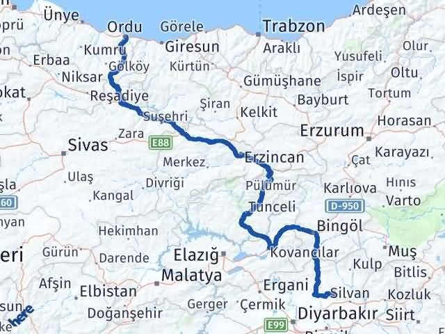 Ordu Hazro Diyarbakır Arası Kaç Km - Yol Haritası