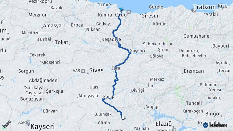 Ordu Hekimhan Malatya Arası Kaç Km - Yol Haritası