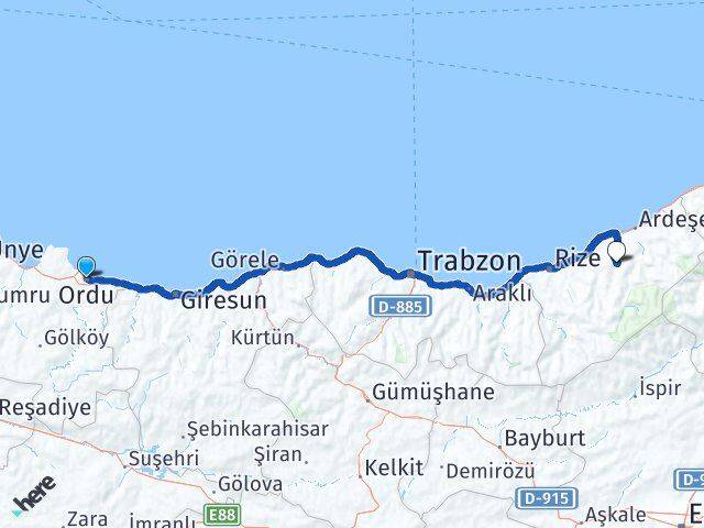 Ordu Hemşin Rize Arası Kaç Km - Yol Haritası